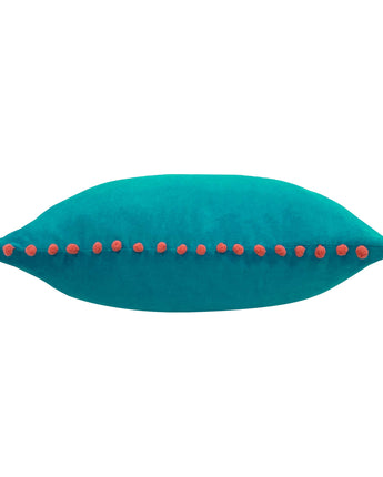 Teal and Coral Velvet Pompom Cushion 45 x 45cm