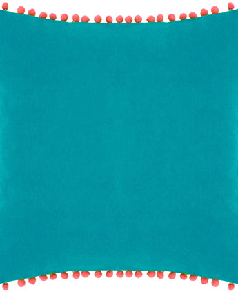 Teal and Coral Velvet Pompom Cushion 45 x 45cm